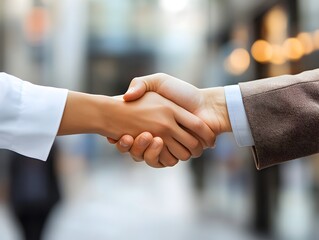 A close-up shot depicts a business handshake between a man and woman outdoors in a blurred city background signifying partnership and deal.