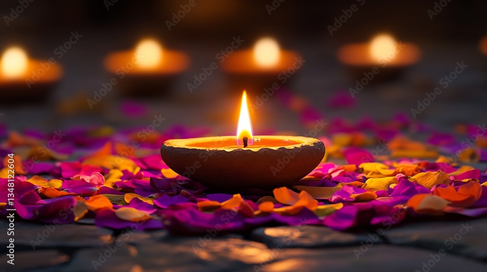 Poster charming oil diya illuminated with a flickering flame surrounded by colorful flower petals for a fes