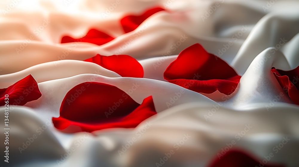 Poster Close up view of scattered red rose petals on flowing white fabric creating a soft romantic look for decoration : Generative AI