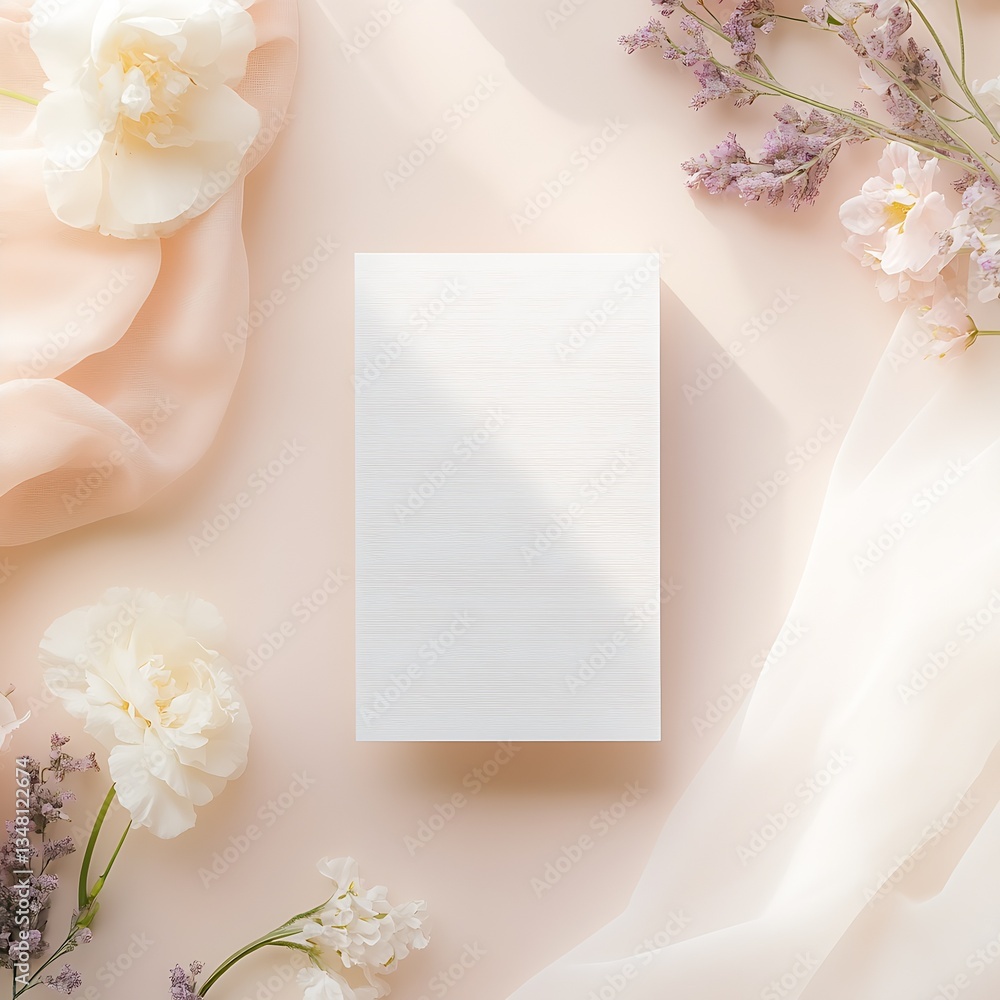 Aufkleber minimalistic white card layout surrounded by soft floral accents and gentle fabric drapes : generati
