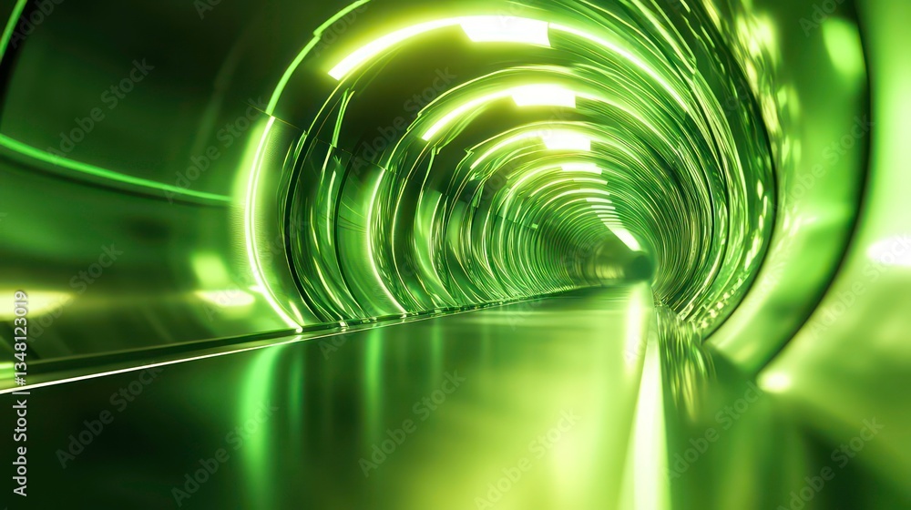 Poster futuristic neon green tunnel with glowing lines and reflections, creating a sense of depth and movem