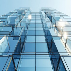 Obraz premium Looking Up at a Modern Glass Building with Bright Sunlight
