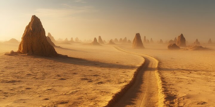 Pinnacles desert road leading into the sunset haze, western australia - Powered by Adobe