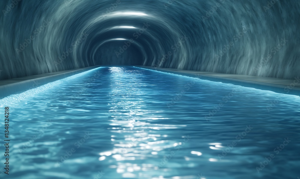 Poster underground tunnel with shimmering water reflecting light creates a serene, mysterious atmosphere.