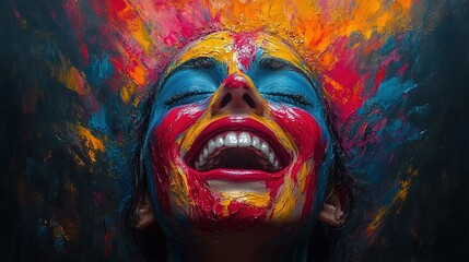 Bright colors splashed on a face. A laughing woman’s expression. Art