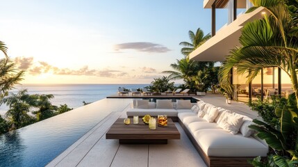 Luxury oceanfront patio with infinity pool.  Outdoor living space featuring a modern, stylish patio with a stunning view