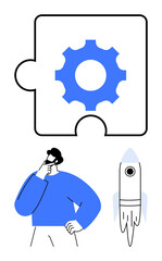 Puzzle piece with gear symbol, thinking man, and rocket representing planning, innovation, collaboration, problem-solving, business strategy, creativity and startup ideas. Ideal for flat simple