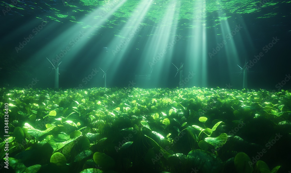 Poster underwater scene illuminated by sunlight, featuring lush greenery and wind turbines in the backgroun