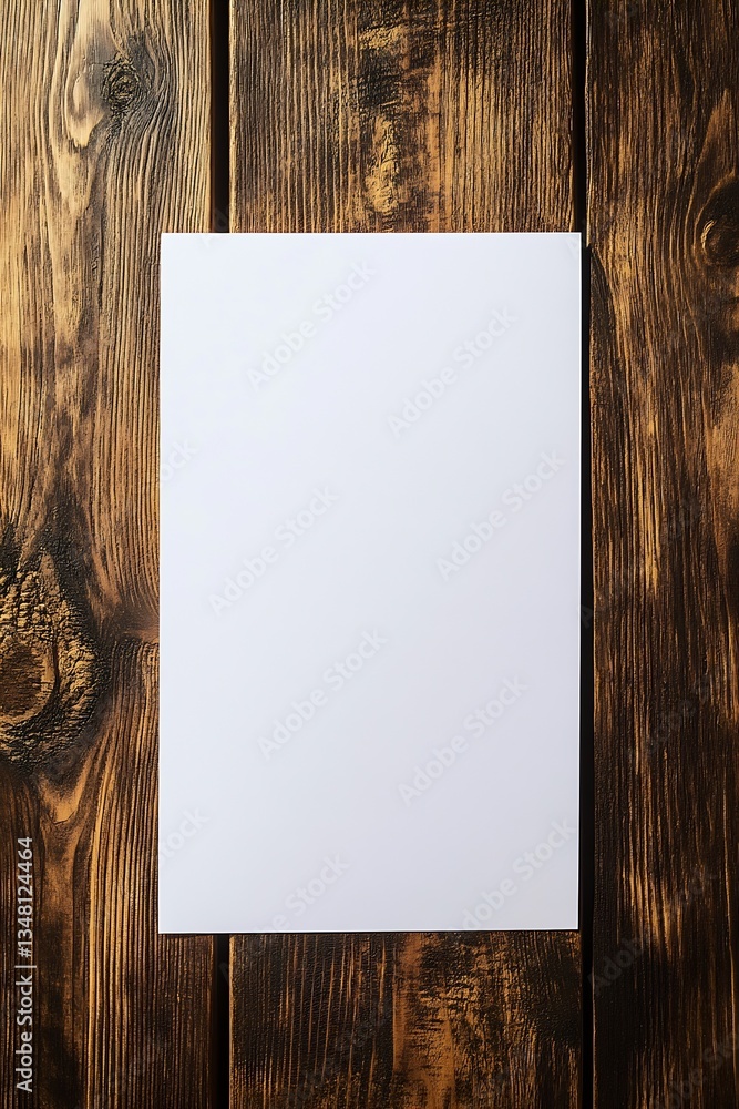 Poster plain white sheet of paper placed on natural wood, ideal for sketches and designs : generative ai