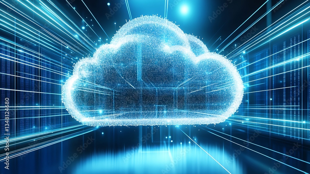 Poster Illuminated cloud representation conveying the essence of cloud computing with vibrant digital effects : Generative AI