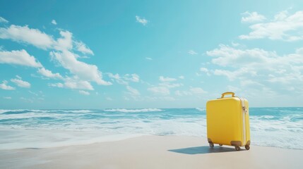 Yellow suitcase on a sandy beach with ocean waves and blue sky, ready for a vacation adventure. Perfect for travel, summer, or holiday-themed projects.