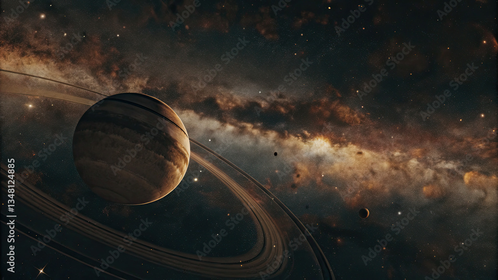 Wall mural a glowing planetary disk levitating in an infinite cosmic void, surrounded by subtle star clusters a