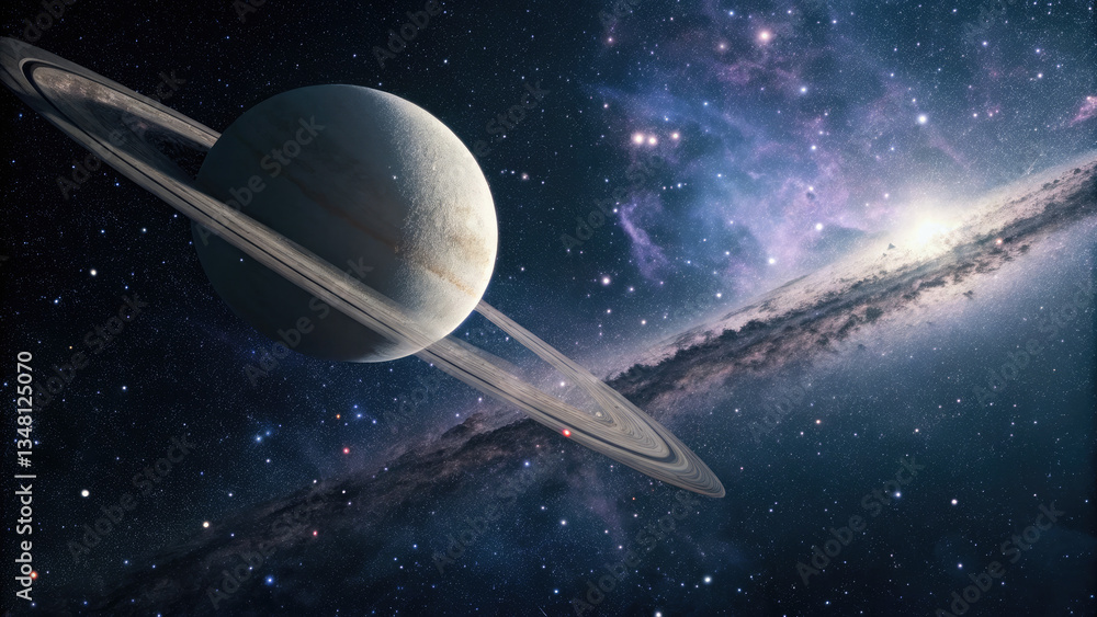Wall mural a glowing planetary disk levitating in an infinite cosmic void, surrounded by subtle star clusters a