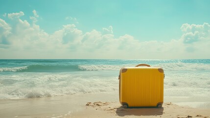 Yellow suitcase on a sandy beach with ocean waves and blue sky, ready for a vacation adventure. Perfect for travel, summer, or holiday-themed projects.