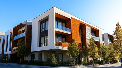 Modern architectural design featuring stylish residential apartments with wooden accents in a clear blue sky : Generative AI