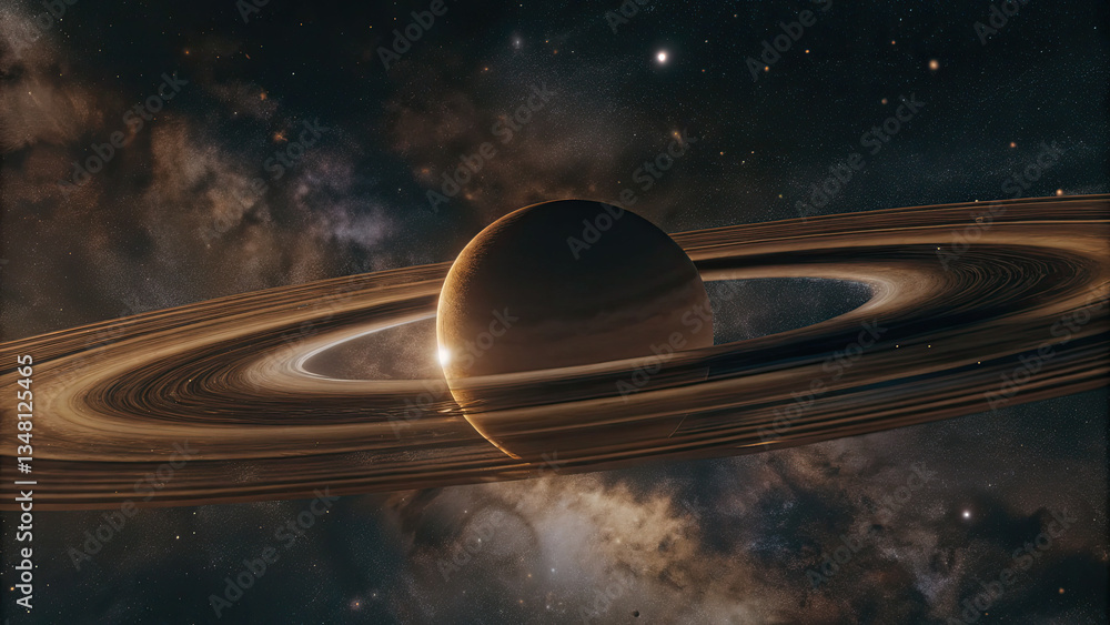 Wall mural a glowing planetary disk levitating in an infinite cosmic void, surrounded by subtle star clusters a