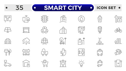 Smart city outline line icon set with infrastructure efficiency tech, future digital urban, autonomous building. Transport, road, mall, airport, police, school, park, water, collection.