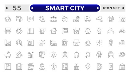 Smart city outline line icon set with infrastructure efficiency tech, future digital urban, autonomous building. Transport, road, mall, airport, police, school, park, water, collection.