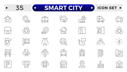 Smart city outline line icon set with infrastructure efficiency tech, future digital urban, autonomous building. Transport, road, mall, airport, police, school, park, water, collection.