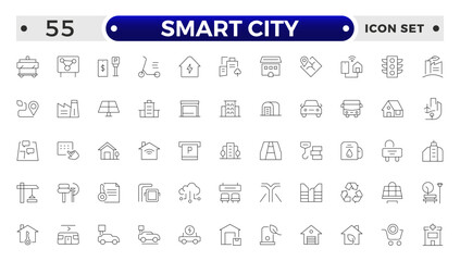 Smart city outline line icon set with infrastructure efficiency tech, future digital urban, autonomous building. Transport, road, mall, airport, police, school, park, water, collection.