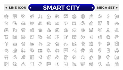 Smart city outline line icon set with infrastructure efficiency tech, future digital urban, autonomous building. Transport, road, mall, airport, police, school, park, water, collection.