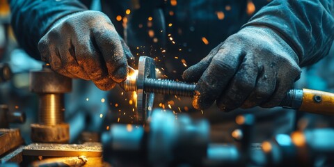 Metalworker shaping hot metal with sparks flying in workshop