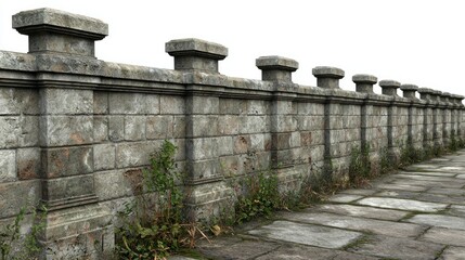 Stone wall, aged and weathered, with vegetation growing near a stone pathway