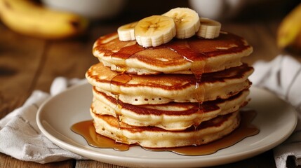Delicious Pancakes with Banana and Syrup.
