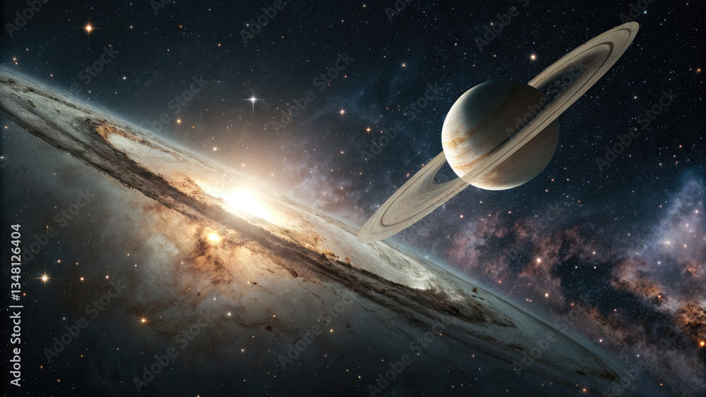 Wall mural a glowing planetary disk levitating in an infinite cosmic void, surrounded by subtle star clusters a