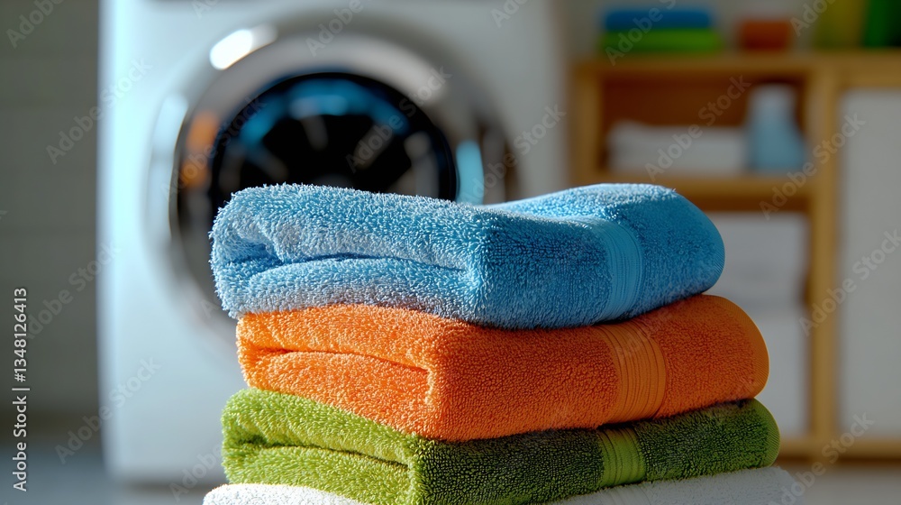 Poster Vibrant and Soft Oversized Towels Neatly Stacked with a Washing Machine in the Background : Generative AI