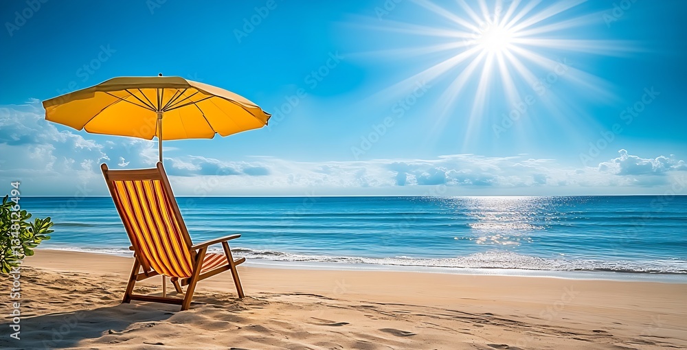 Poster empty deck chair under a bright yellow beach umbrella with sunny skies and calm waves in the backgro