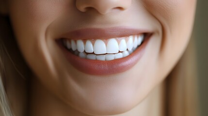 Close-up of a woman's bright, healthy smile showing perfectly straight and white teeth with pink lips and soft skin.