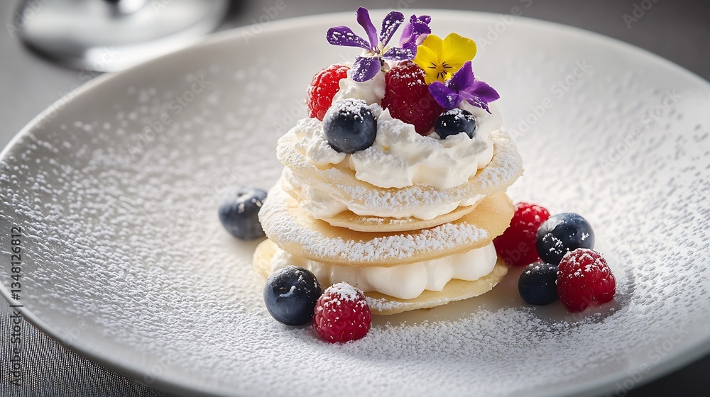 Poster elegant layered dessert featuring pancakes with cream and a vibrant assortment of berries and flower