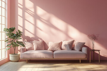 Pink living room with sofa and plant in bright, airy space.
