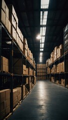 Large archive warehouse with boxes and books under dim light