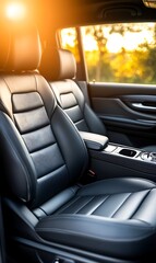 the inside of a car with a steering wheel and leather seats