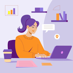 Illustration of a Woman Working on a Laptop in a Creative Office Environment