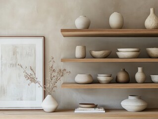 Minimalist display shelves showcasing a collection of ceramic pottery and dried botanicals against a neutral beige backdrop.  