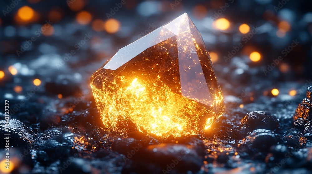 Poster magnificent amber crystal resting on dark ground with glowing highlights creating a warm and invitin