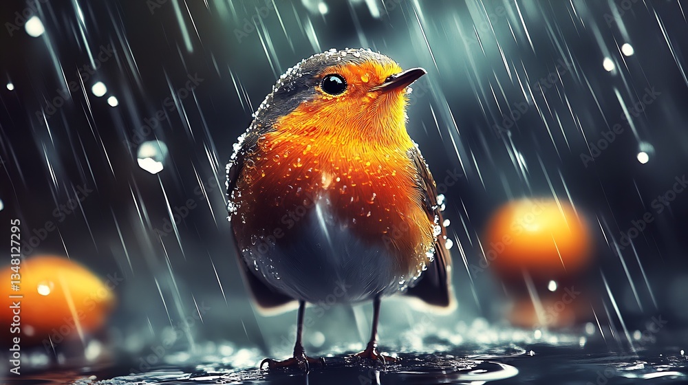 Poster Charming image of a small bird standing on wet ground adorned with droplets during a rainy day : Generative AI