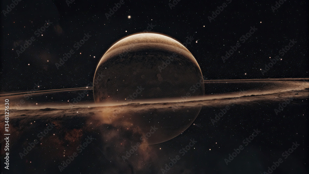 Wall mural a glowing planetary disk levitating in an infinite cosmic void, surrounded by subtle star clusters a