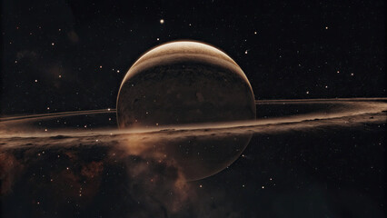 A glowing planetary disk levitating in an infinite cosmic void, surrounded by subtle star clusters and nebulae, evoking a futuristic and minimalistic celestial atmosphere perfect for design use.