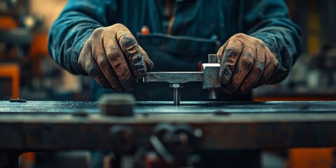 Metalworker assembling mechanical parts in workshop