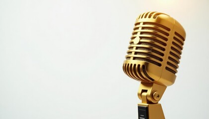 Fototapeta premium Close-up of a gold microphone on white background, background, stage