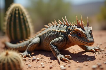 Fototapeta premium A Gila Monster Crawling Near a Cactus