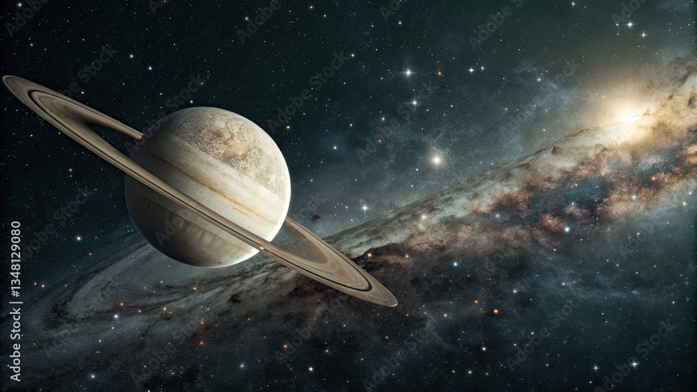 Wall mural a glowing planetary disk levitating in an infinite cosmic void, surrounded by subtle star clusters a
