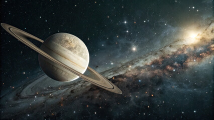 A glowing planetary disk levitating in an infinite cosmic void, surrounded by subtle star clusters and nebulae, evoking a futuristic and minimalistic celestial atmosphere perfect for design use.