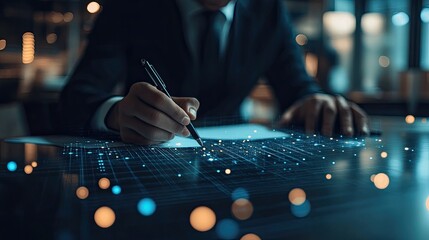 A businessman using a digital data overlay while writing on paper