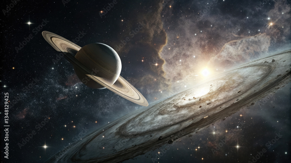 Wall mural a glowing planetary disk levitating in an infinite cosmic void, surrounded by subtle star clusters a