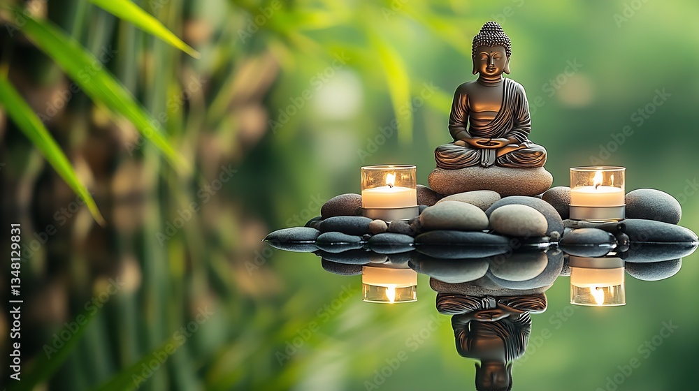 Poster buddha figure nestled among stones surrounded by soft lighting creating a serene atmosphere : genera